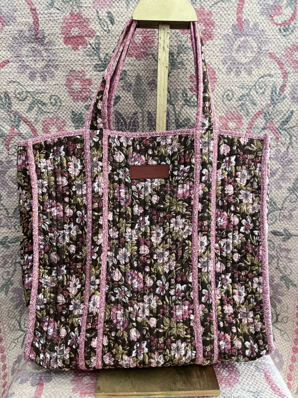 Laura Ashley Quilted Floral Tote in Pink and Brown
